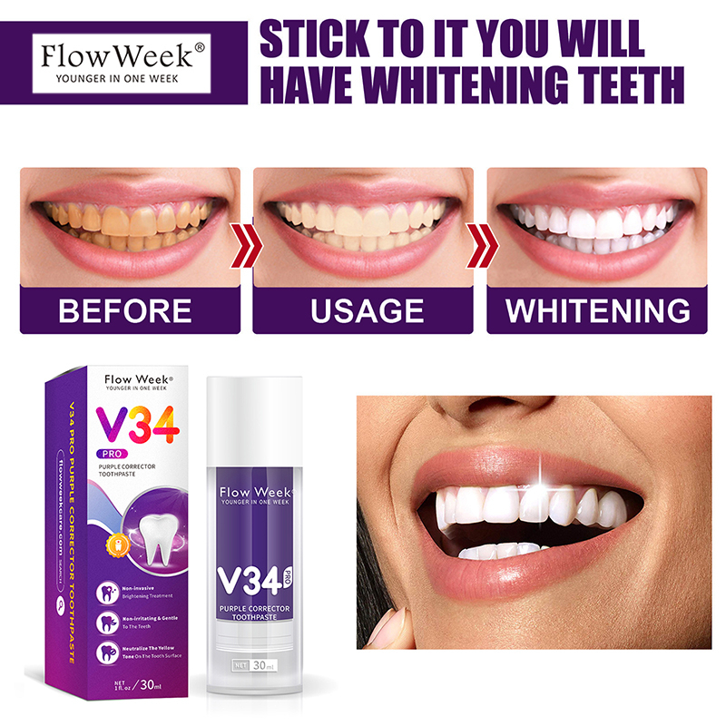 FlowWeek Teeth Whitening Toothpaste V34Pro Purple Toothpaste Ubat Pemutih Gigi Putih Dental Colour Corrector 美白牙齿 牙膏