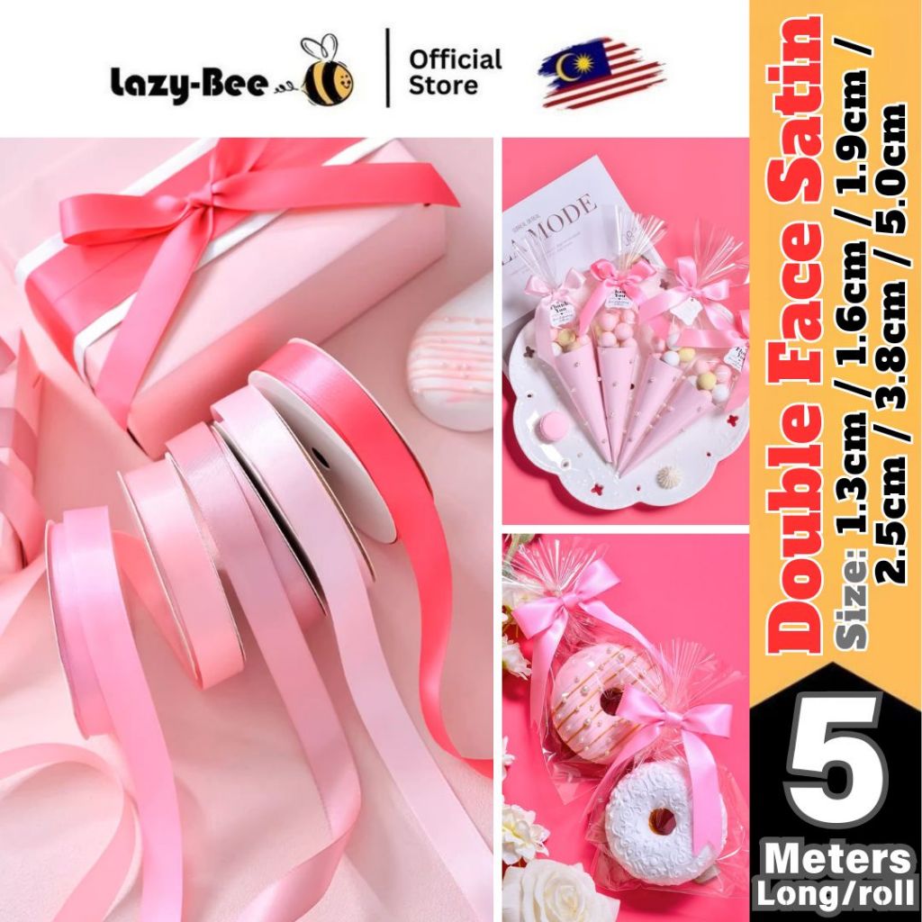 RED PINK MERAH 5 Meter 2.5cm 3.8cm 5cm Premium Quality Double Faced Satin Ribbon Hantaran Wedding Bow Gift Wrap Reben