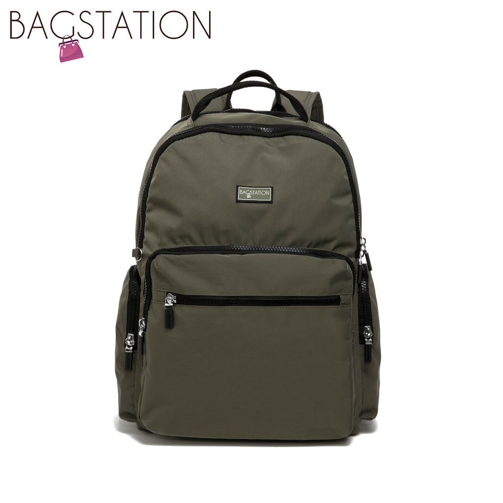 BAGSTATIONZ Contrast Zip Nylon Large Backpack (Beige/Black/Green/Purple)