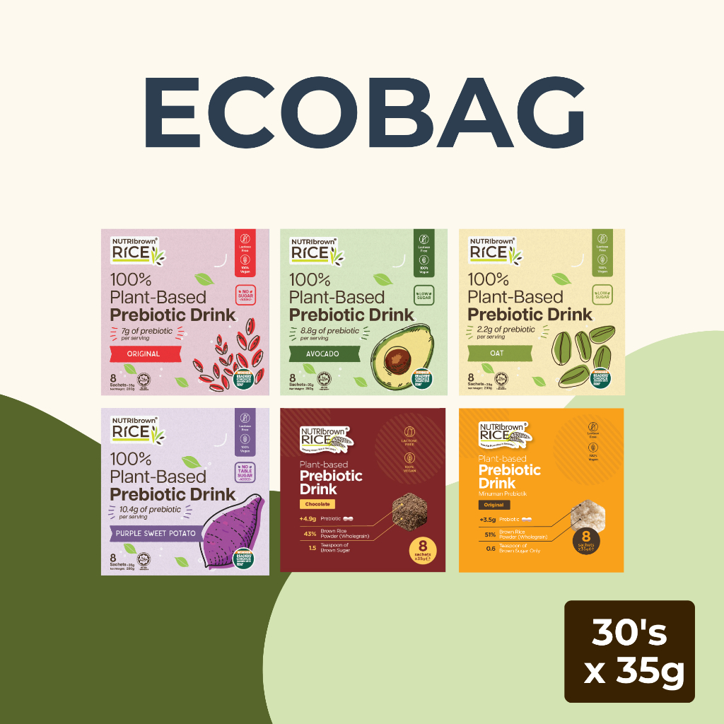 NutriBrownRice 30-sachets EcoBag (Original, Original No Sugar, Chocolate, Oat, ) Prebiotic Drink Nutritious Rice Milk