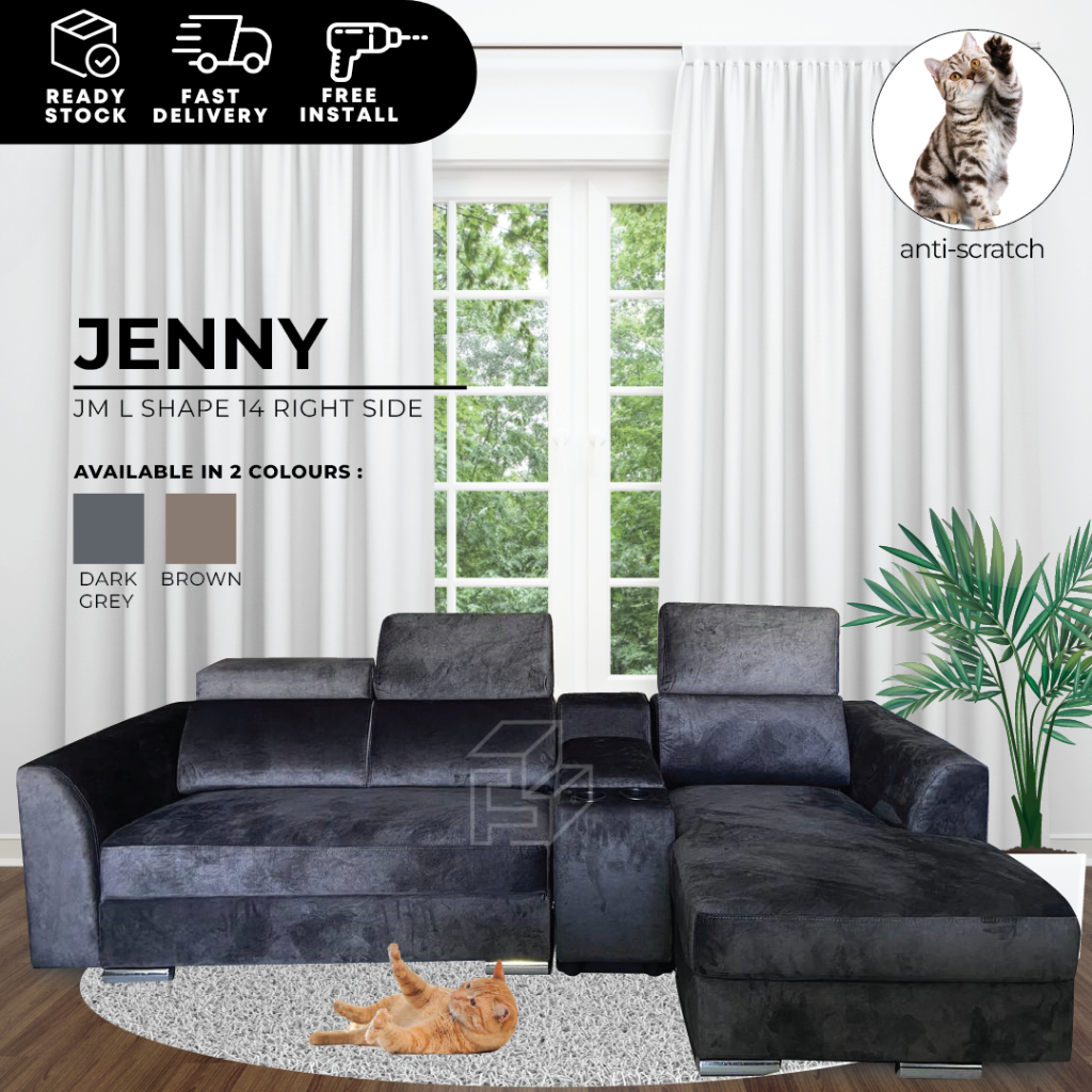 BETTY FURNITURE Jenny L Shape Right Side Velvet Fabric Anti-Scratch Luxury Relaxing L Sofa with Storage / Cup Holder