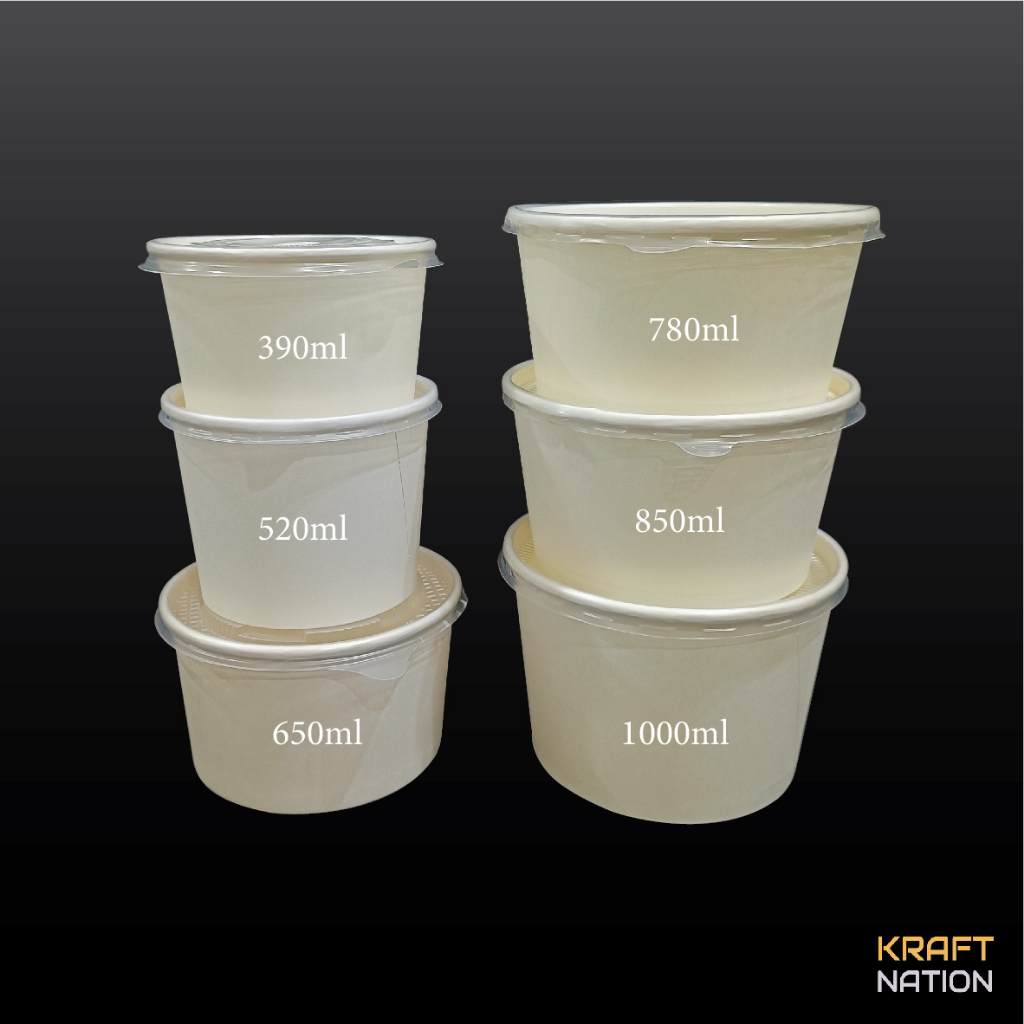 [Wholesale] 50 pcs 390/520/650/780/850/1000ml Kraft/White Paper Bowl with Lid Eco Friendly 3R