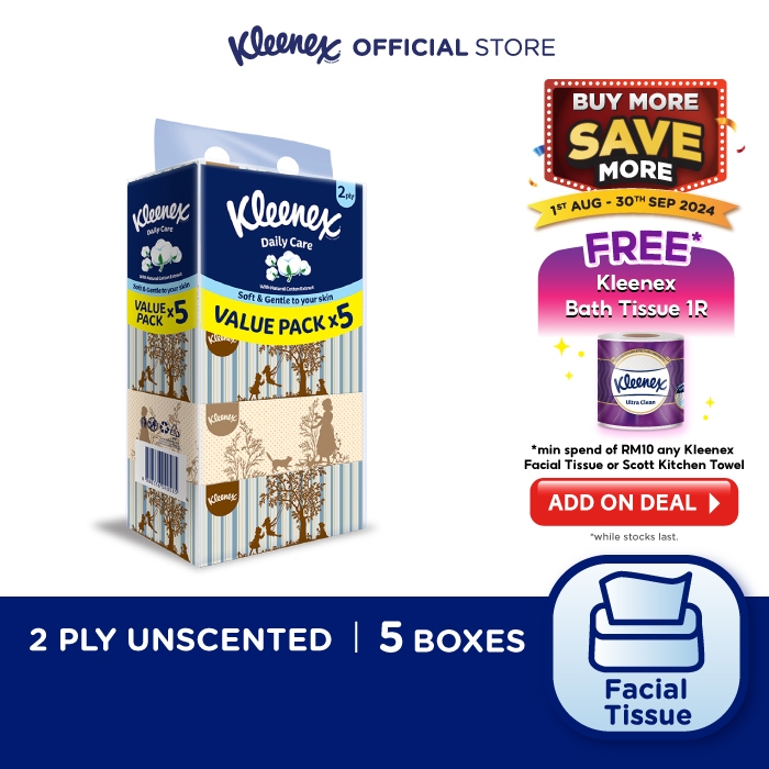 Kleenex Facial Tissue Box Vintage 2ply (120s x 5 Packs) Daily Care - Soft & Gentle Tissue Paper