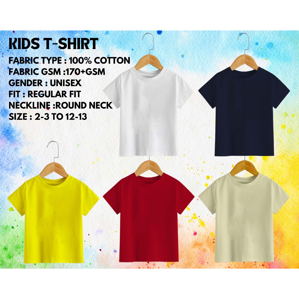 kids t shirt 100% Premium Cotton Unisex size 2/3 to 12/13 color 14 ready stock 160gsm
