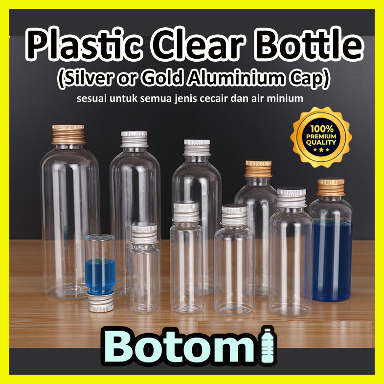 30ml 50ml 100ml 150ml transparent clear plastic bottle metal aluminium cap botol plastik air minuman tudung aluminum 瓶子