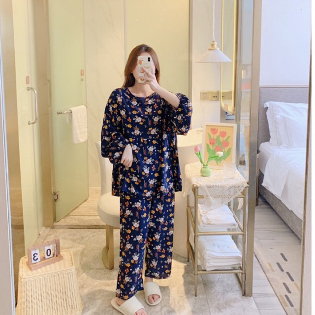 Baju Tidur Wanita Plussize Cotton Silk Floral Long Sleeve Baju Set Seluar Nightwear Sleepwear Pajamas 女裝店