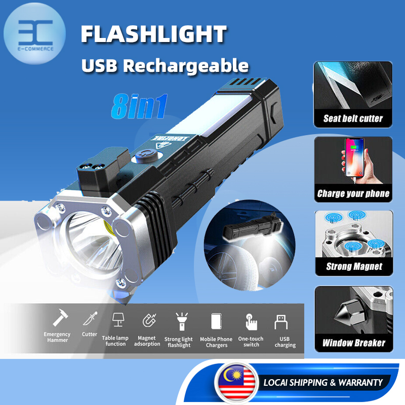 2024 LED Flashlight Waterproof Torchlight Searchlight USB Rechargeable Emergency Light Outdoor COB Safety Hammer