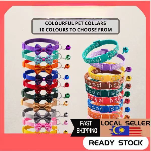 READY STOCKCAT COLLAR PET ADJUSTABLE NECK STRAP KITTEN, DOG, PUPPY, RABBIT NECKLACE WITH BELL DESIGN & BOW RIBBON