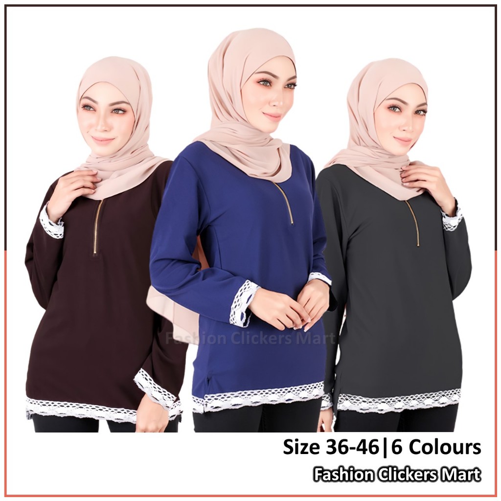 FC Mart - Plus Size Women Blouse / Baju Blause Muslimah Berzip / Baju Perempuan Style Lengan Panjang