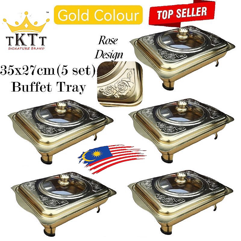 TKTT 5 Set GOLD 35x27 Embossed Buffet Tray Serving Food Pan Catering Kenduri Set Bekas Hidangan Emas Serbaguna