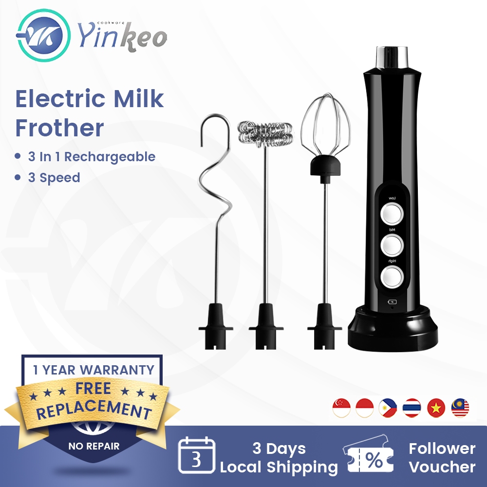 Yinkeo 3 In 1 Portable Rechargeable Electric Milk Frother Foam Maker 3 Speed Drink Mixer