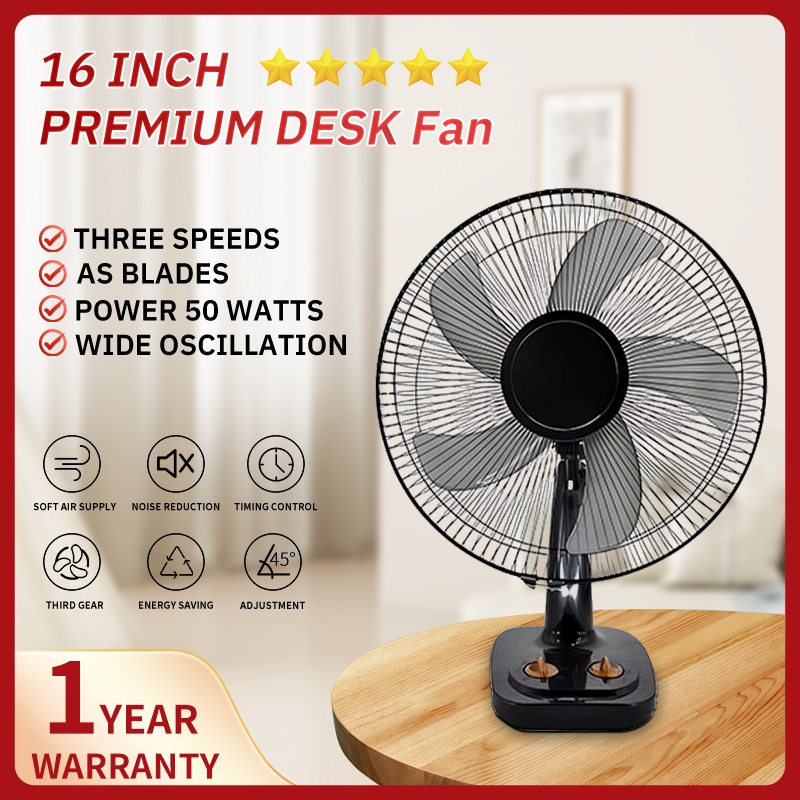 High Performance Table/Desk Fan/Kipas Meja with 5 Blades, 3 Speed - Black edition (16'') Easy to Carry Timable