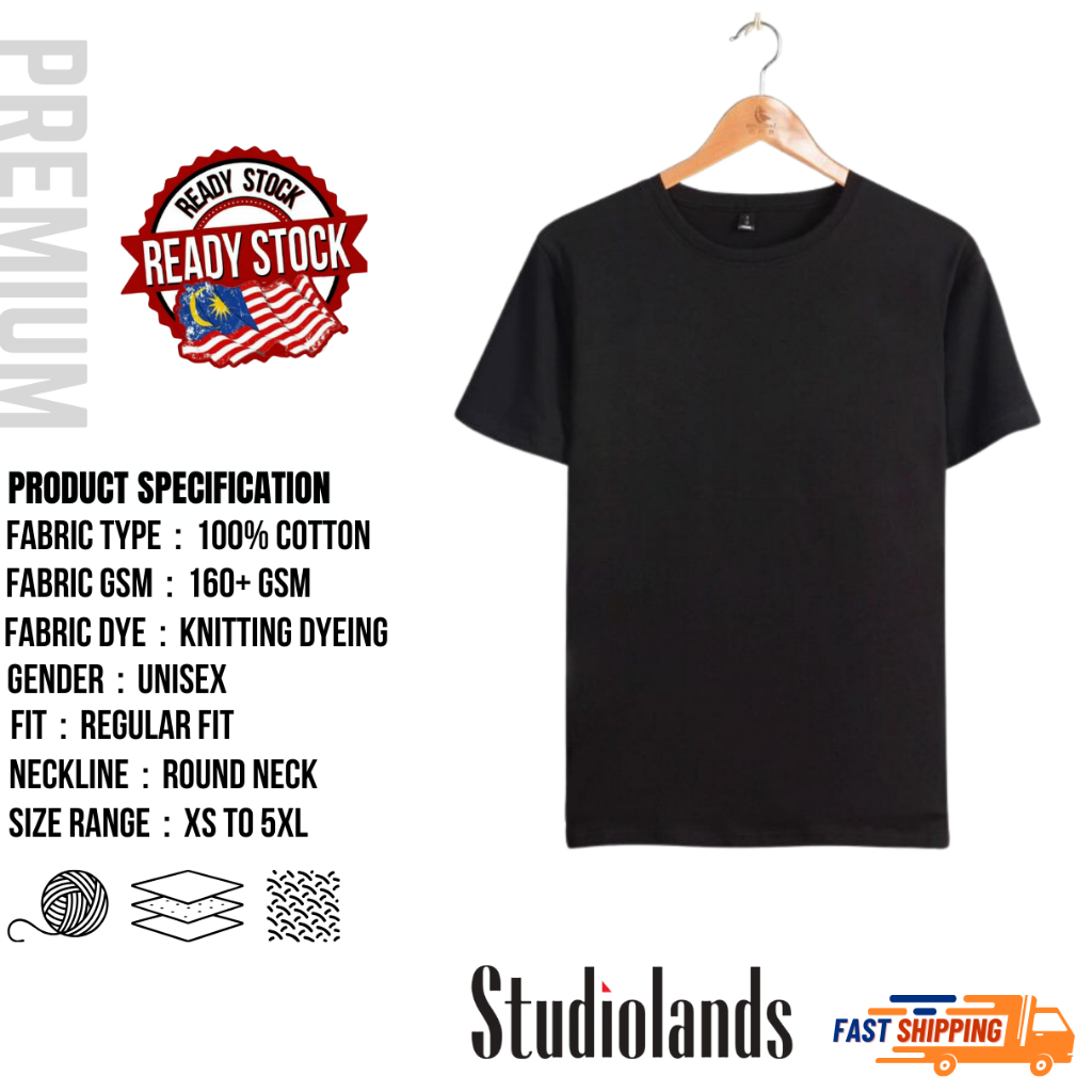 Black Tshirt 100% Cotton Round Neck Plain Tee Baju Kosong Hitam Unisex Best Ever T-Shirt Plus Size