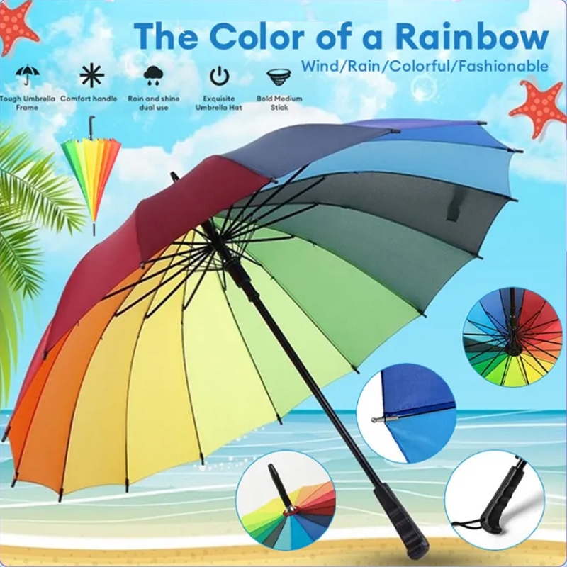 Umbrella☂️ Colorful Rainbow Umbrella Curved Handle Weather Protection High Quality Big Payung Pelangi