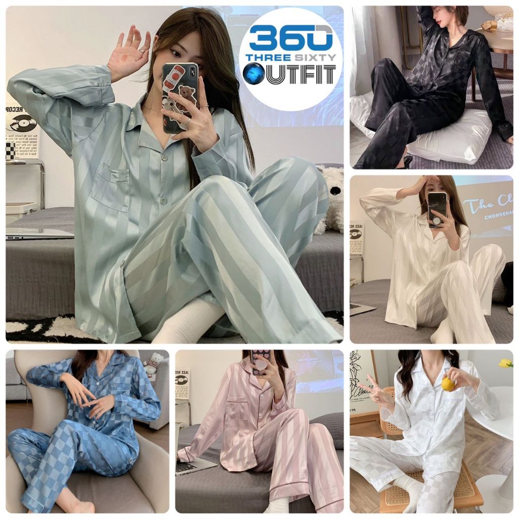 2 in 1 Set Satin Long Sleeve Pyjamas Women Sleepwear Silk Pajamas Lengan Panjang Baju Tidur Perempuan Wanita Pakai Malam