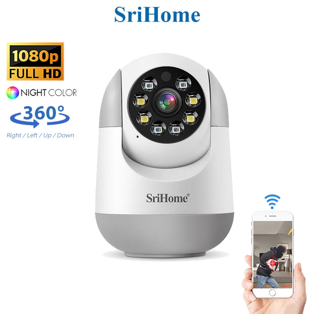 SriHome SH050 Surveillance CCTV Wifi: 1080P FHD AI Auto-Tracking, PTZ, Two-Way Voice, Night Vision - IP Security Camera