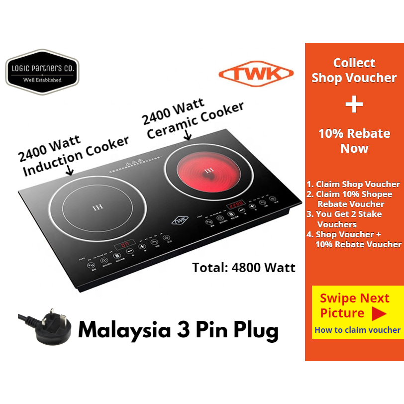 [RM408] TWK Double Electric Embedded Cooktop 2400W Induction Cooker & 2400W Ceramic Stove Dual Burner LED Touch Panel