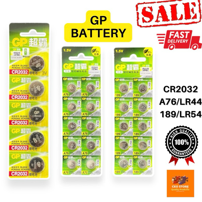 GP Battery 1.5v 3v Button Coin Cell CR2032 LR44 A76 LR54 Bateri Kereta Remote Watch Coin Lithium Battery Button Battery