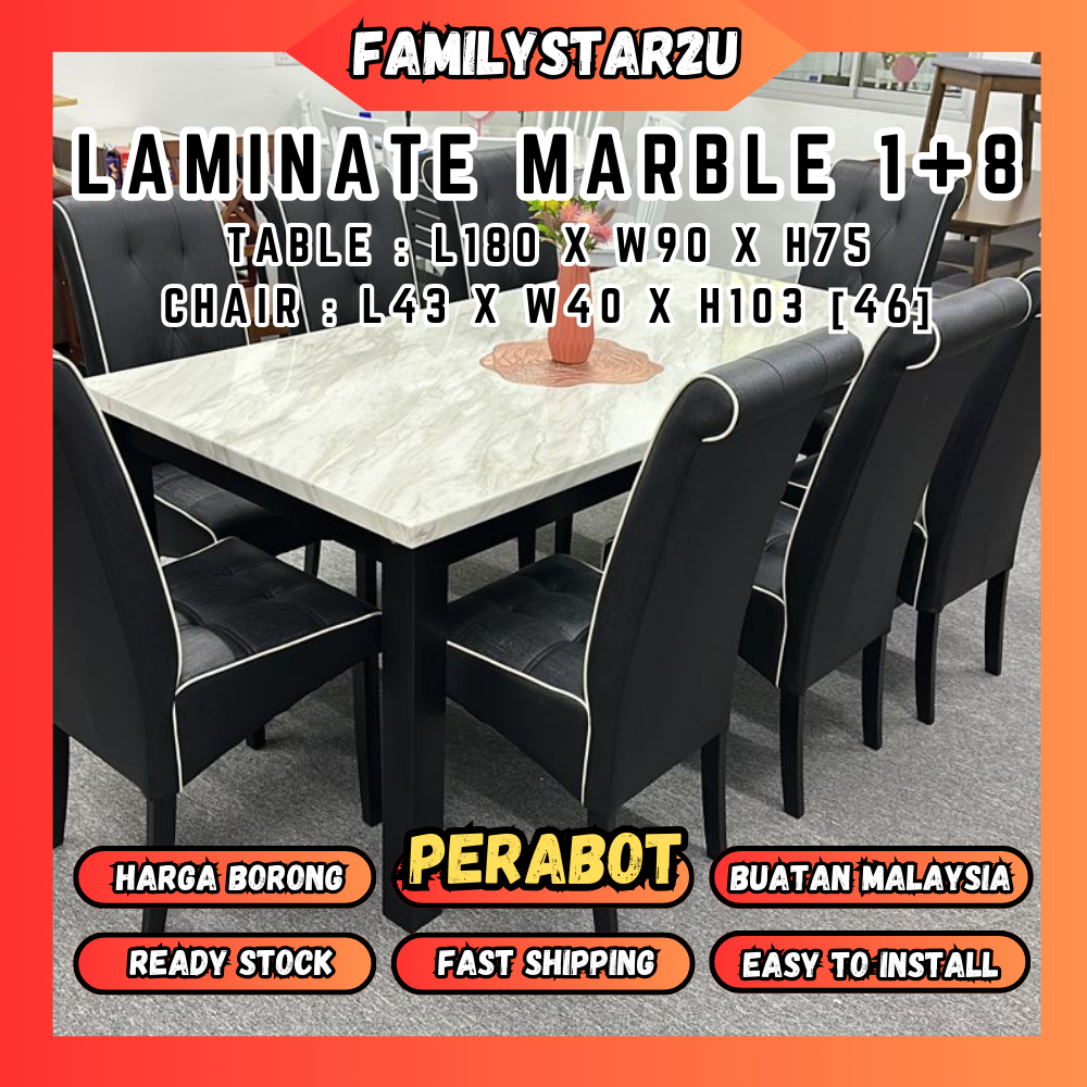 familystar2u  3880 Laminate Marble Top Dining Table with 8 Parson Chair 1+8 / Marble Kerusi Makan dan Meja Makan Set