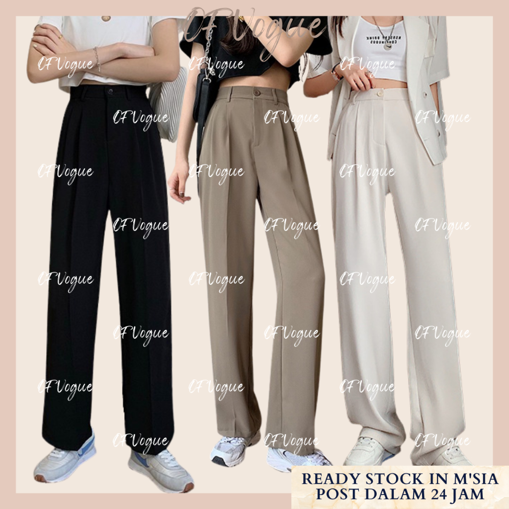 OFVOGUE Suit Pants High Waist Elastic Waist Straight Leg Pants Women Casual Pants Seluar Slack Wanita Slimming Wide Leg