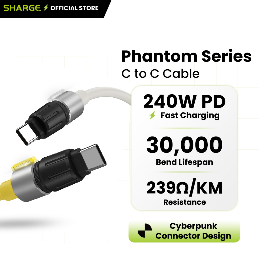 SHARGE Phantom Series | USB-C to C Cable | 240W PD Fast Charging | 30,000-bend lifespan | 239Ω/KM resistance | Cyberpunk