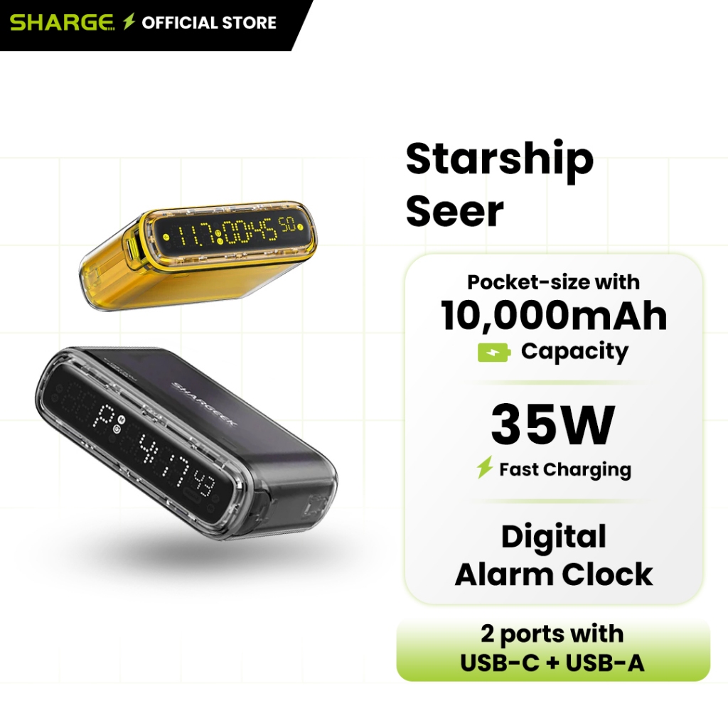 SHARGE Starship Seer | Pocket-size with 10,000mAh capacity | 35W fast charging | Digital alarmclock