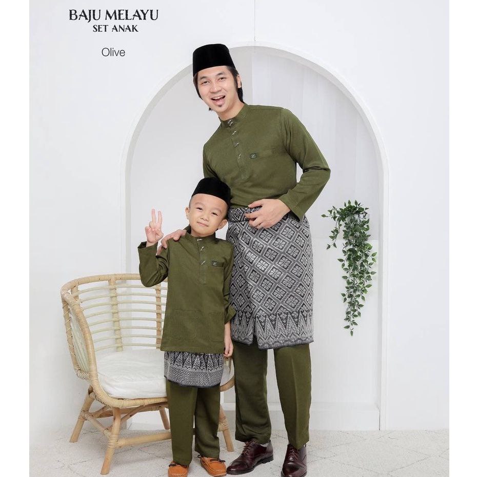 [Warna Olive Green] Baju Melayu Set Ayah Dan Anak. Cutting Moden Tak Ada Pesak