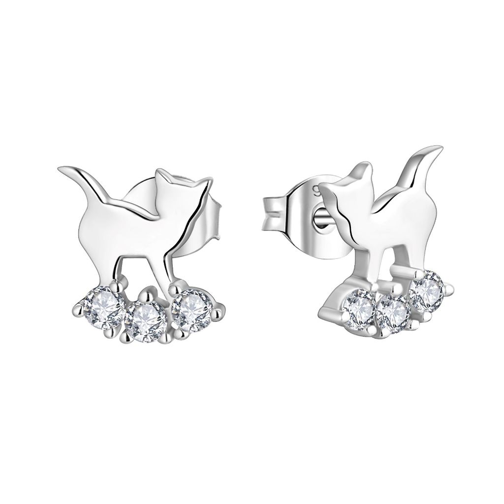 JERICA JEWELRY 925 Sterling Silver Cute Cat Zirconia Stud Earrings