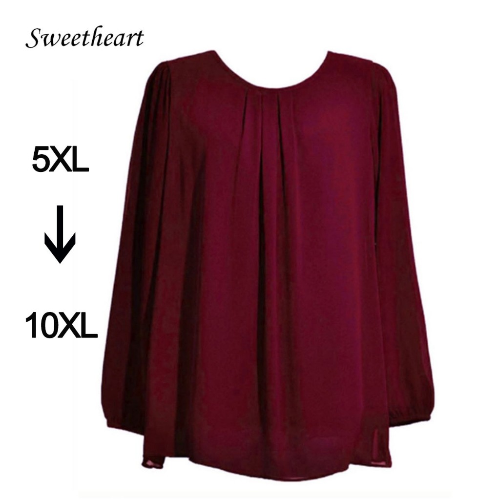 Plus Size Plain Chiffon Blouse Long Sleeve Plain 5XL - 10XL