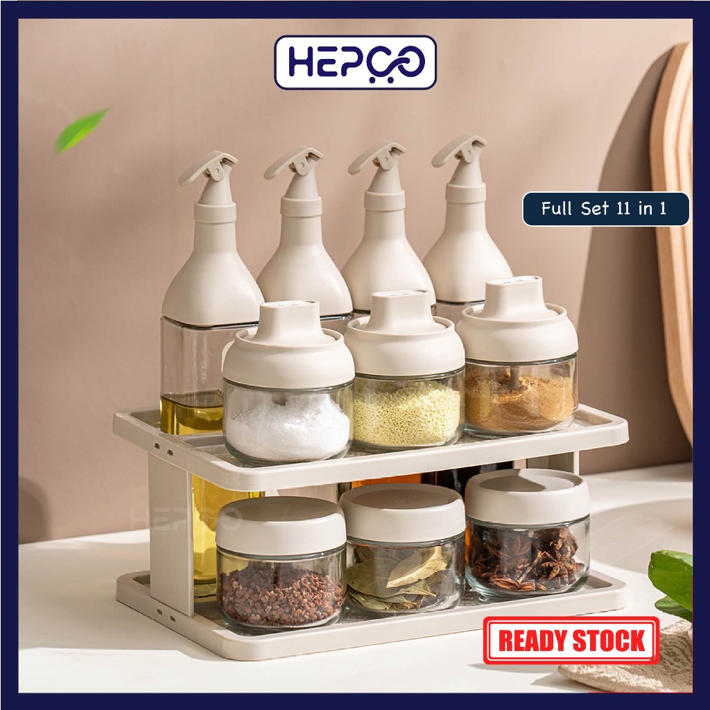 Glass oil bottle dispenser set with plastic stand for kitchen glass olive bottle spice jar set