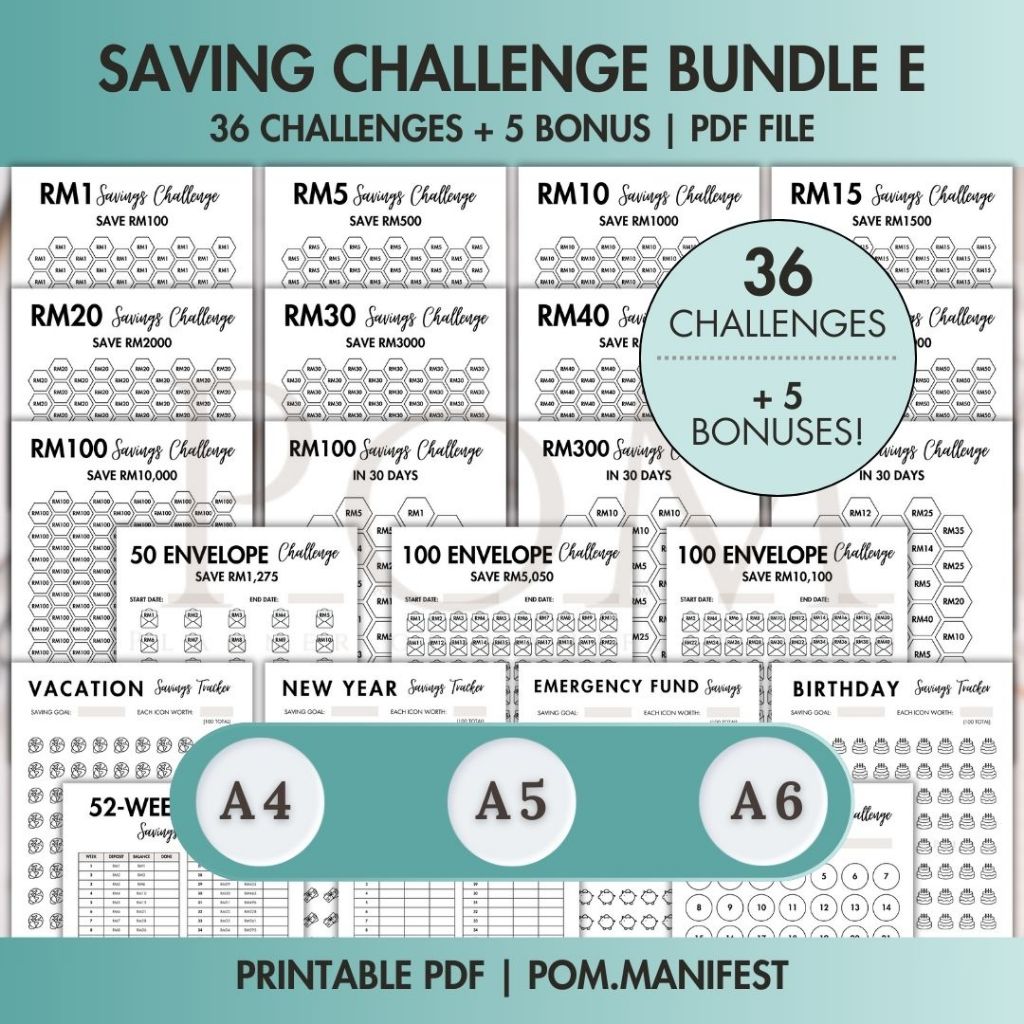 [PDF] Saving Challenge Tracker Bundle E, Money Saving Challenge, Savings Tracker Printable, 100 Envelope Challenge