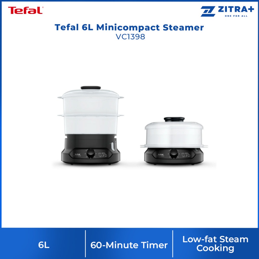 Tefal 6L Minicompact Steamer VC1398 | 800W Power | 60-Minute Timer | Low-fat Steam Cooking