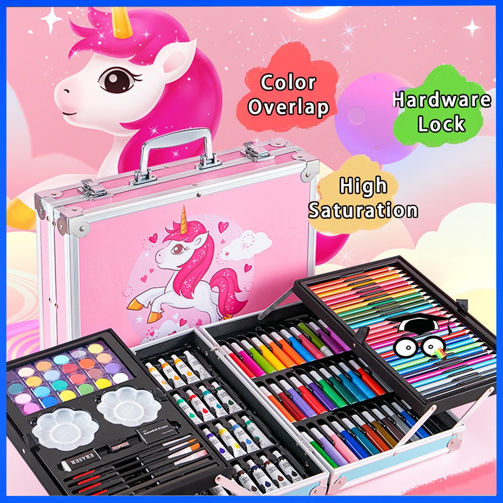 145pcs Art set Unicorn Design Aluminium Case Painting Pen Set Alat Tulis Cat Air Pens Crayon Marker Pensil DrawingPai