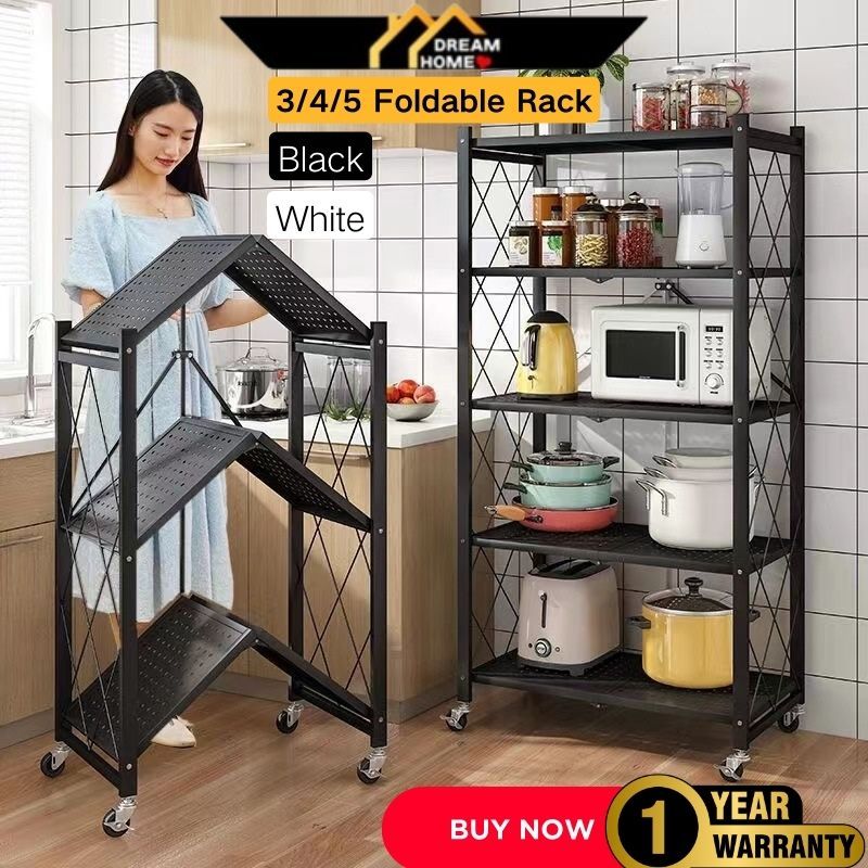 Dream Home 3/4 /5 Tier Foldable Kitchen Trolley Rack Storage Rak Lipat Besi Bertingkat Rak Barang Dapur Serbaguna Ikea