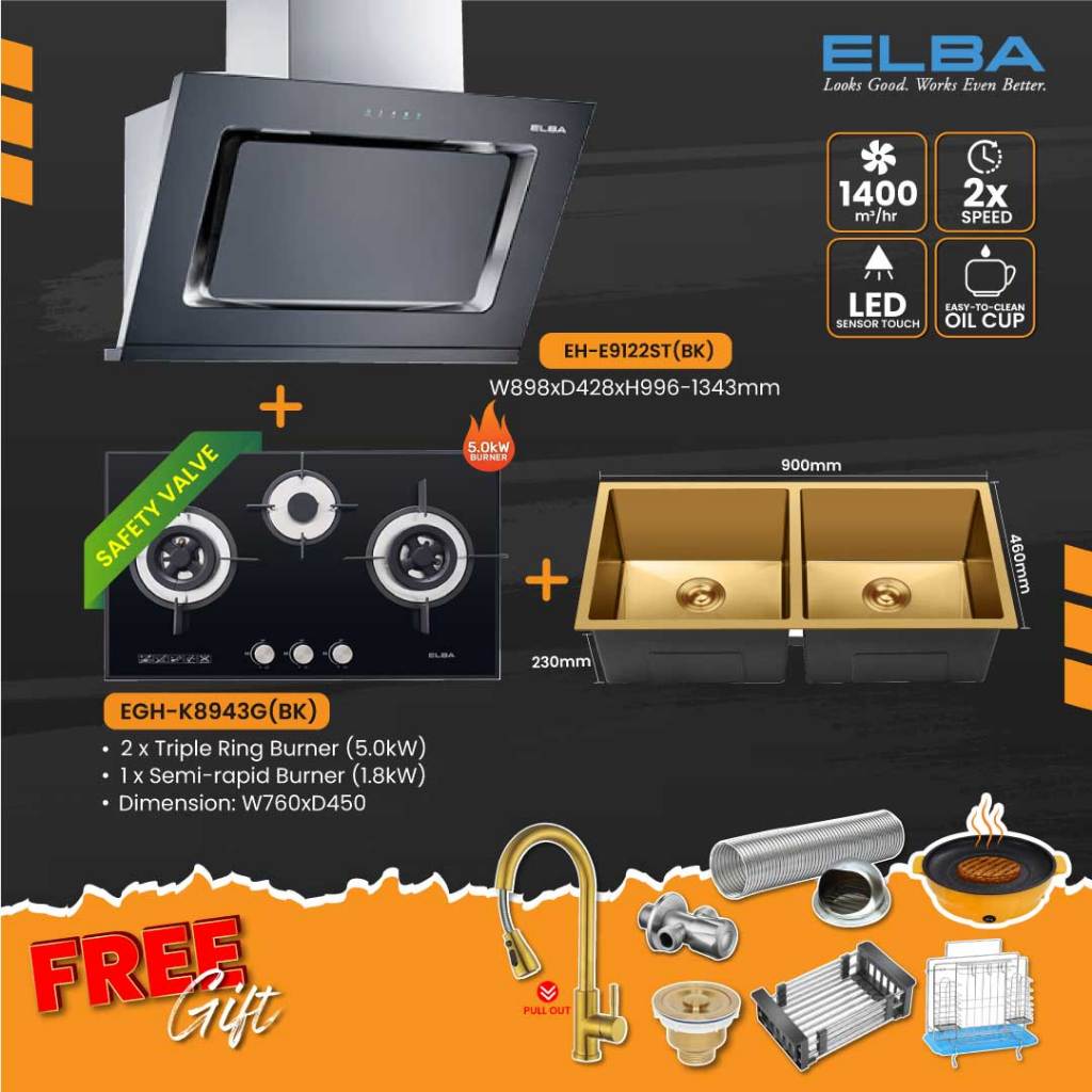 ELBA KITCHEN DESIGNER HOOD EH-E9122ST(BK) BUILT IN GAS STOVE GAS HOB EGH-K8943G(BK) KITCHEN SINK COMBO