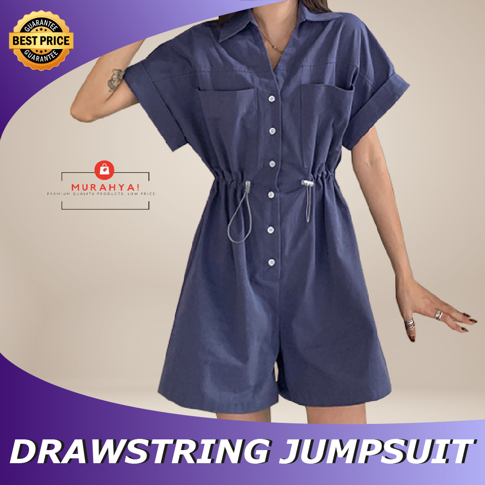 Button Drawstring Front Pocket Jump suit for Women Jumpsuit Polos Kasual Saku