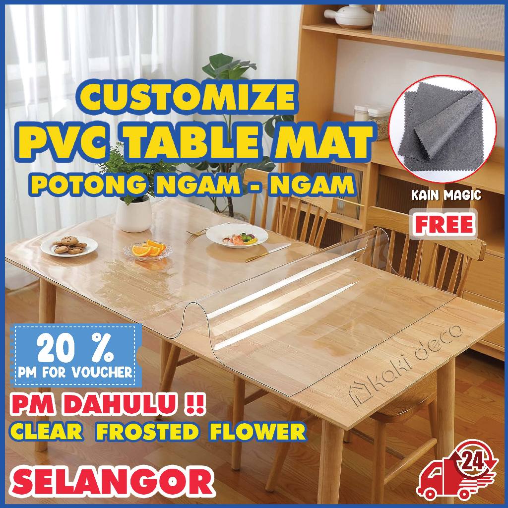 Custom PVC Table Mat Water Proof transparent table cloth Alas Meja lutsinar Makan Alas Meja Plastik Coffee Table