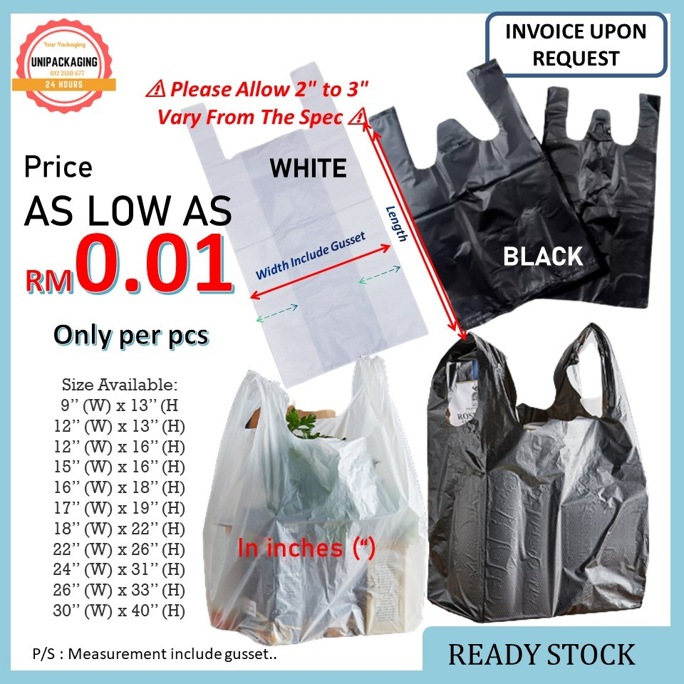 HIGH Quality Singlet Plastic Bag/T-Shirt/Tangkai Putih/White/ Black 9"x11/12x13/12x16 Black Plastic Bag Beg Hitam Layang