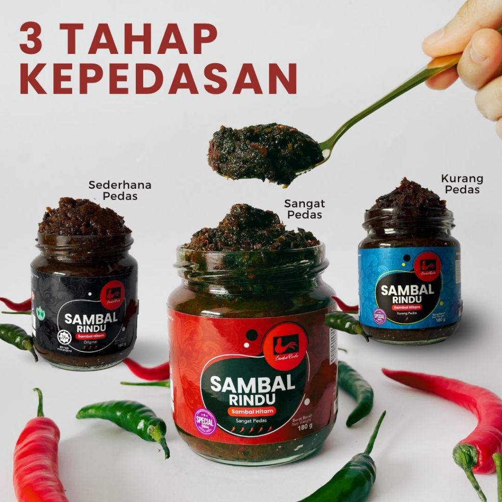 [Combo 3 Sambal Rindu Sedap Viral] Sambal Hitam Original Negeri Sembilan - 3Level Pedas (3x180Gram)