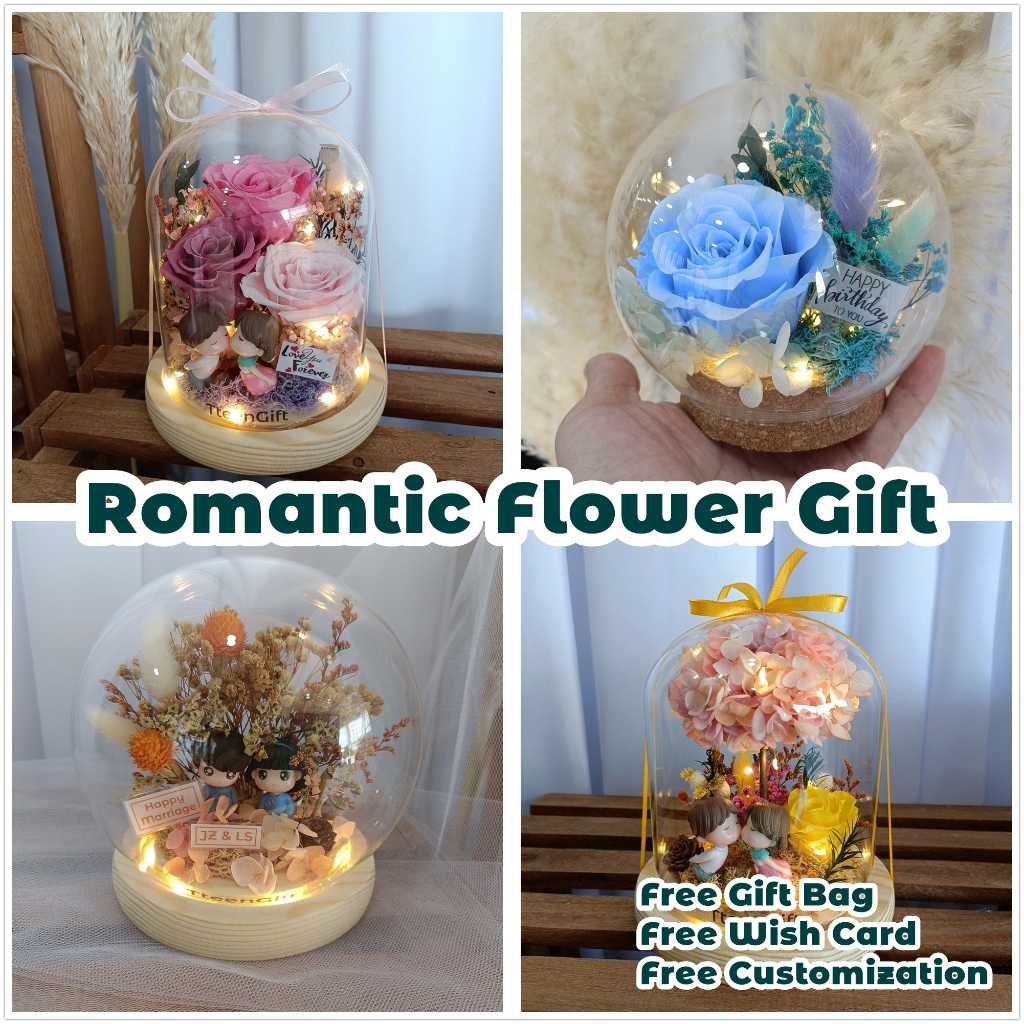 TTEEN GIFT Preserved Flower Couple Romantic Anniversary Birthday Valentine Gift永生花女友男友情侣浪漫玻璃罩礼品礼物