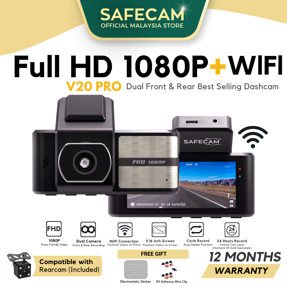 SAFECAM V20 Pro Front Rear Cam Dual Cameras Full HD 1080P WIFI Dashcam Night Vision App Control