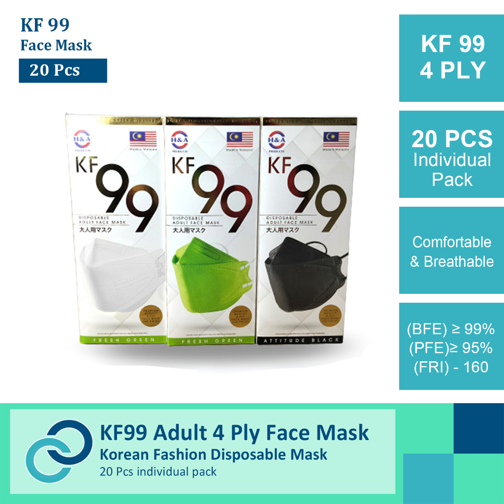 KF99 4 ply Korean Fashion Adult Disposable Mask 20 Pcs individual Pack / Box Soft Breathable Malaysia Product with SIR