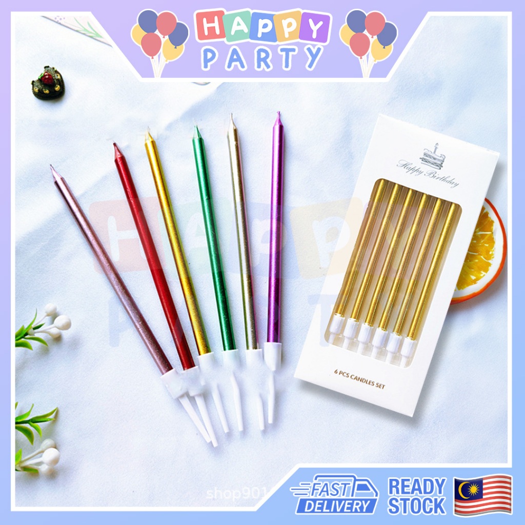 READY STOCK6PCS Colorful Candle Pencil Shape Candles Birthday Wedding Anniversary Cake Metallic Candle Lilin Emas 生日蜡烛
