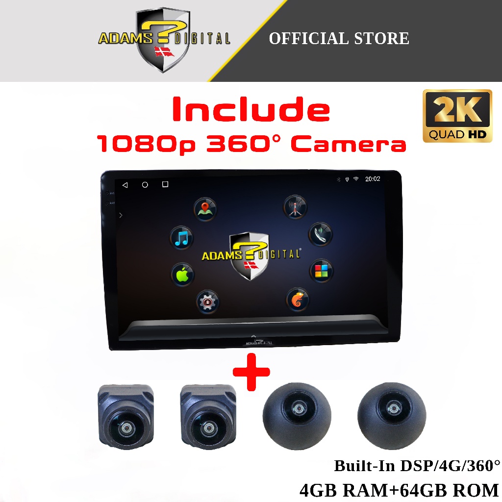 【Include 360 Camera】Adams Digital QLED 2K Android Player 4 + 64GB With 360 Camera DSP 4G SIM 9"/10" TS10