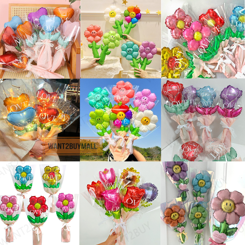 1pcs Mini Bouquet Rainbow Pink Red Rose Smile Face Daisy Tulip Carnation Sunflower Flower Mother Gift Balloon Belon 花束气球