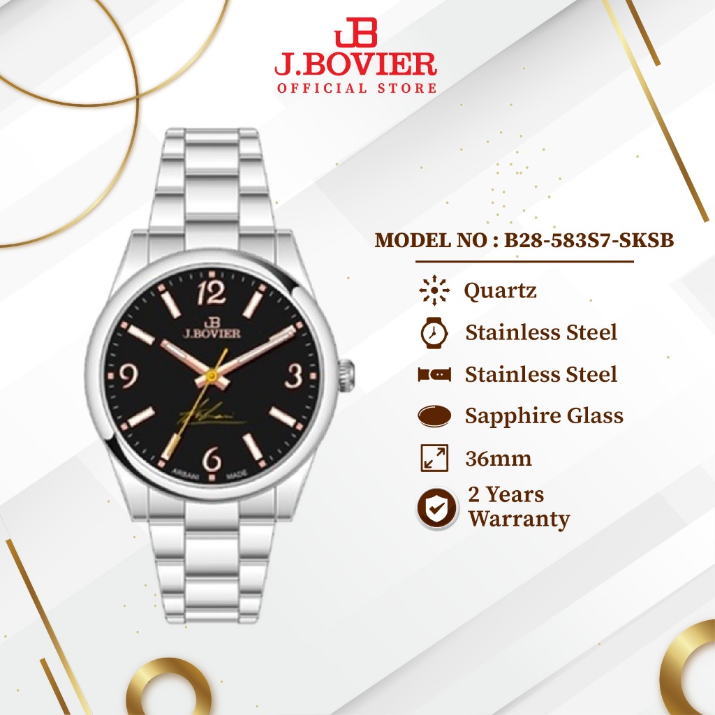 [2 Years Warranty] J.Bovier Quartz Unisex Watch Jam Tangan B28-583S7-SKSB