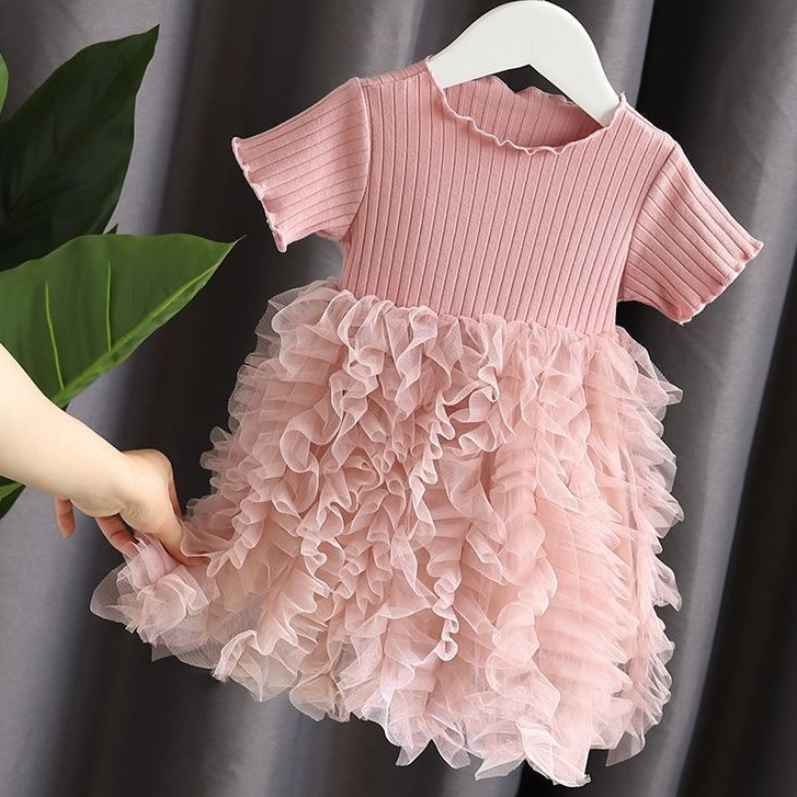 【Ready Stock】Kids Girls Princess Style Puffy Splicing Cake Dress Pink