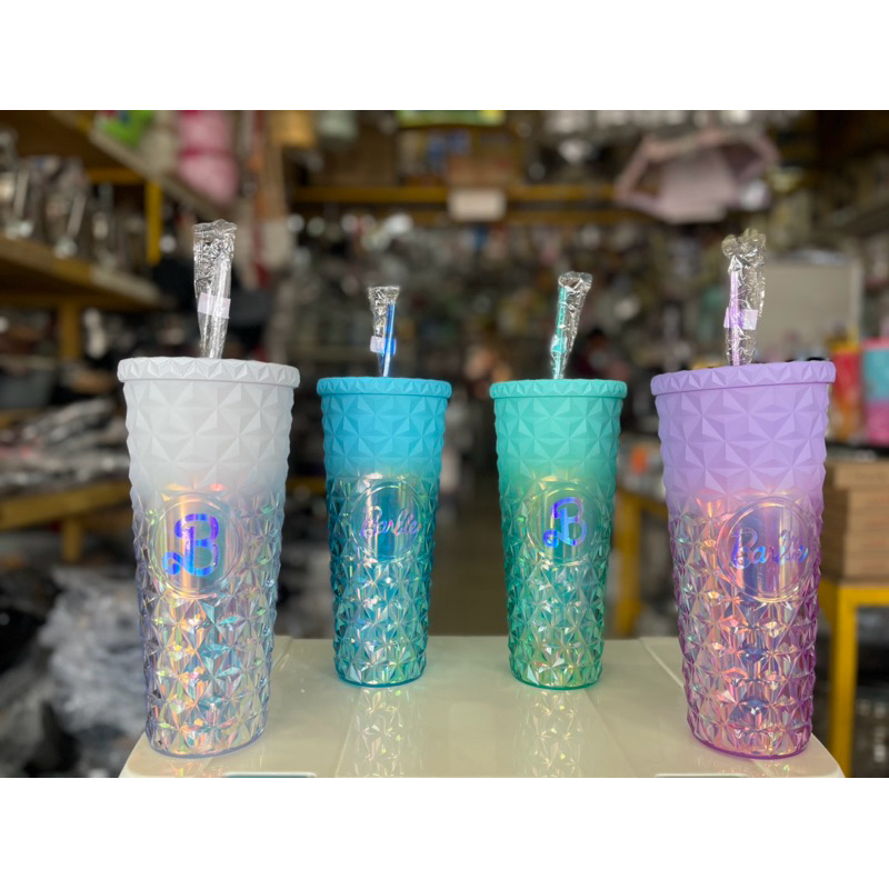 Barbie Gradient Color Ribbed Double Layer Plastic Straw Mug Large Capacity 750ml Fashion Mugs