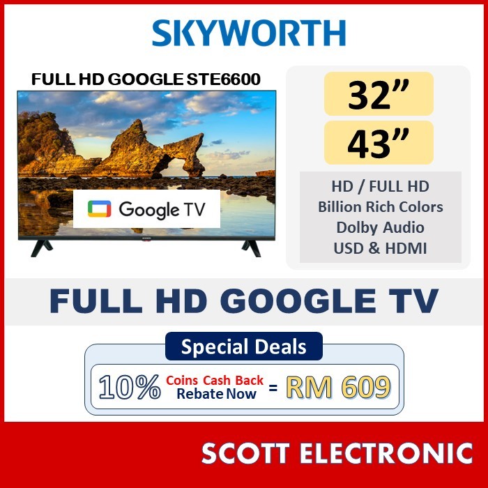 [Delivery by Seller Kedah & Penang] Skyworth 32" 43"  Android Tv Google Tv Led Tv /  STE6600 Series  32STE6600 43STE6600