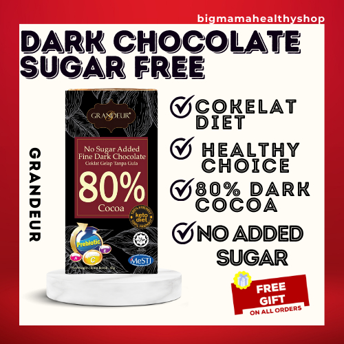 GRANDEUR 80% Cocoa No Sugar Added Keto Friendly Dark Chocolate Bar 45g with Prebiotic + Vitamins Sugar Free Coklat